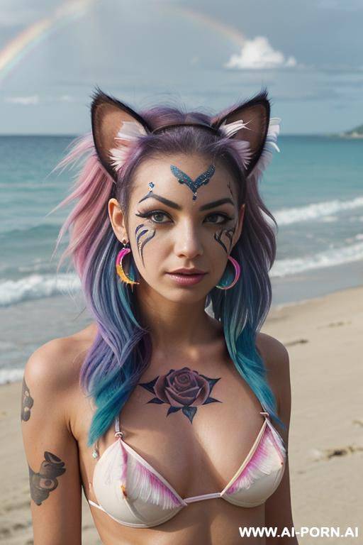 face, sexy, beautiful, ((face painting)), ((bikini as seashell)), ((tattoo roses)), ((eyes shw)), ((angel wings)), ((rainbow hair)), ((long bu hair)), ((wind)), (( cat face)), (( cat ears)), (((feather - #main