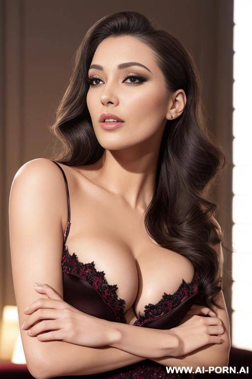 décolleté plongeant, seins volumineux, tétons saillants, tissu satin rouge vif, robe moulante, courbe de fesses irrésistible, fente haute, jambe parfaite, talons aiguilles, regard envoûrant, lèvres - #main