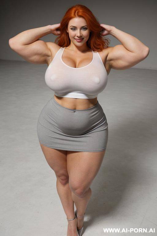 (full body view from above), stunningly beautiful, tight white shirt, long grey fluffy skirt, (((fat muscled arms))), long hair, (narrow waist), (narrow hips), firm thighs, (huge round boobs), - #main