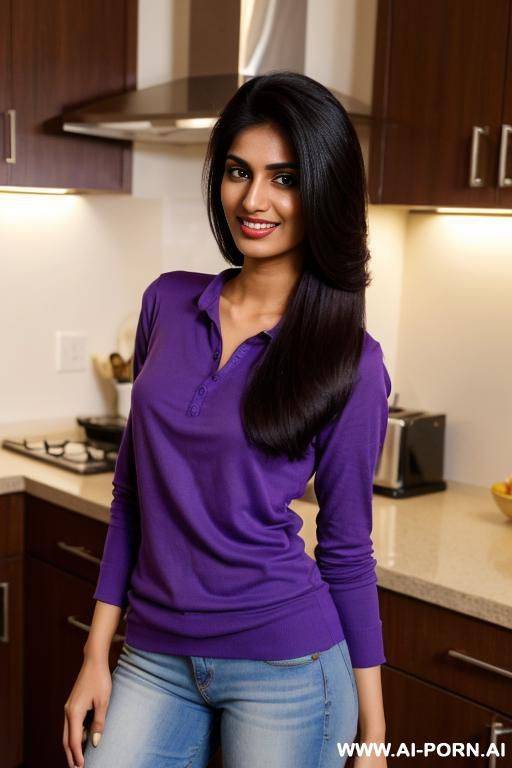 punjabi supermodel, ((perky breasts)), (perfect boobs) , luxurious modern mansion, purple crew neck shirt - #main