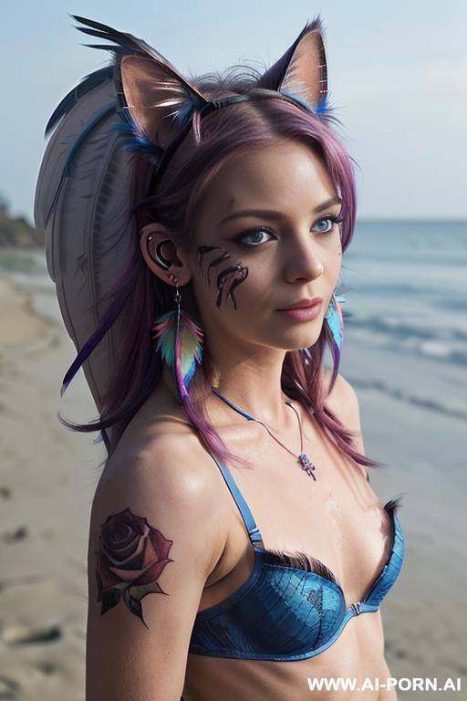 face, ((sexy)), beautiful, ((face painting)), ((bikini as seashell)), ((tattoo roses)), ((night)), ((eyes shw)), ((angel wings)), ((rainbow hair)), ((one rose in hair) ((long bu hair)), ((wind)), (( cat - #main