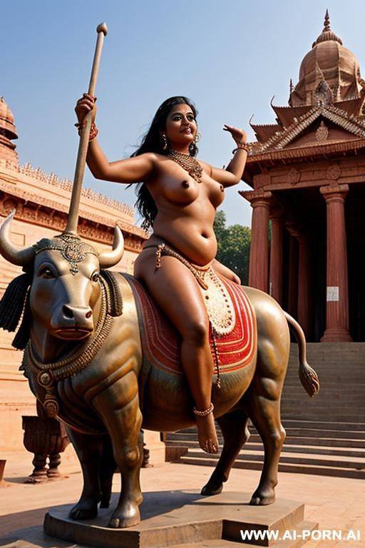 a full naked indian chubby female temple servant with shaved vagina is riding on a big statue of a bull - #main