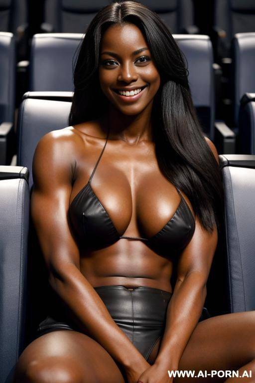muscular, dark skinned, massive breasts, long hair, smiling, sitting the movie theater, topless - #main