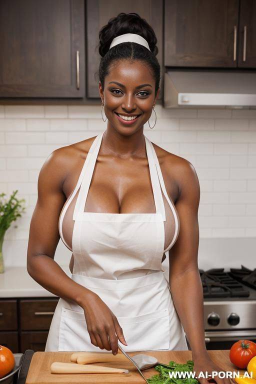 looking at the camera, 20 year old, tall, curvy, dark skinned, toned arm muscles, smiling, wearing a sleeveless apron, making dinner - #main