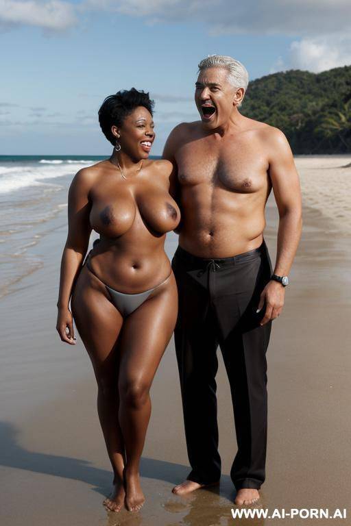 ebony woman, dressed in a bikini, standing in front, on a beach, (((standing with her husband))), curvy, body, gray hair, bottomheavy, big, ass, massive, woman, pov, (((topless))), embarressed - #main