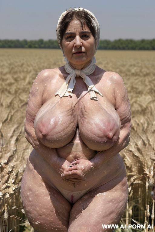((common elderly peasunt woman stands in a field of ripe wheat!!)), ((she stands tired from her labor but satisfied, softly smiling as she wipes the sweat from her brow!!)), ((suddenly noticing - #main