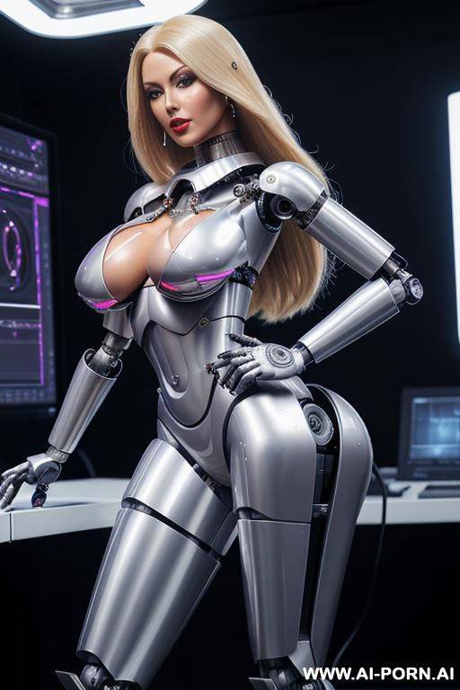 sexbot, front view, full body view, standing upright, hands on spaceship control desk, looking at viewer, beautiful seductive human face with tanned silicone skin, long straight blonde hair, big - #main
