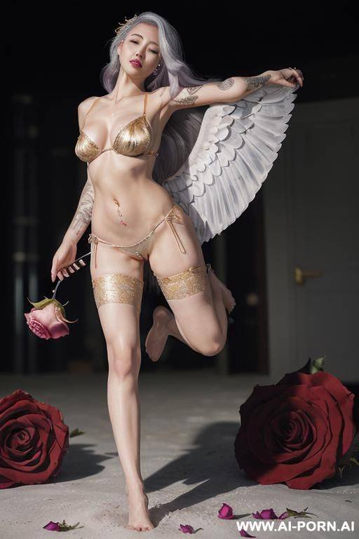 face, ((sexy)), beautiful, ((face painting)), ((bikini as seashell)), ((tattoo roses)), ((eyes shw)), ((gold)), ((angel wings)), ((rainbow hair)), ((one rose in hair) ((long bu hair)), ((piercing diamond nose)), ((wind)), (( - #main