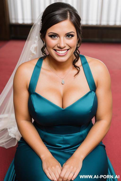 softball athlete, massive breasts, smiling, sitting at a wedding reception, wearing a bridesmaid dress - #main