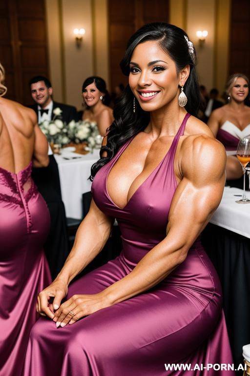 athletic bodybuilder, massive breasts, smiling, sitting at a wedding reception, wearing a bridesmaid dress - #main