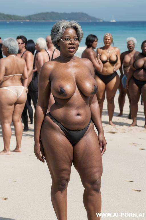 ebony granny, (((toppless))), standing in front, on a beach full of people, curvy, body, gray hair, bottomheavy, big, ass, huge, gigantic, thick - #main