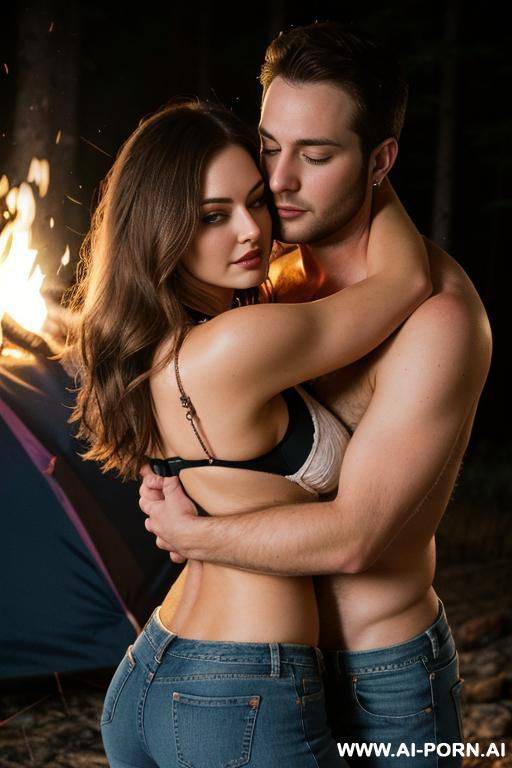 another man uncomfortably hugging. campfire. tight jeans shorts. hairy pussy. large teardrop saggy breasts. make up. getting into sleeping bag. another man giving an uncomfortable hug - #main