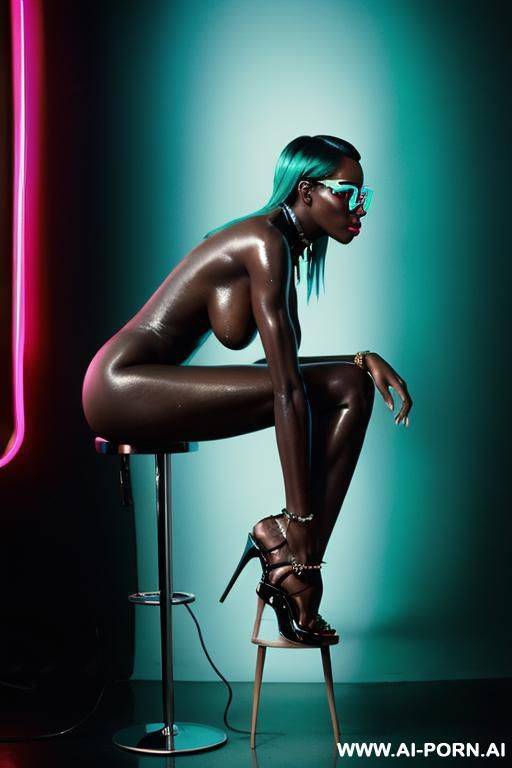 ((naked sexual supermodel)), ((turquoise color theme)) , ((very long oversized saggy boobs)), ((shiny oiled dark black skin)), ((magazine naked photoshoot)), ((neonlighting sunglasses and highheels highlight shiny neon)) - #main