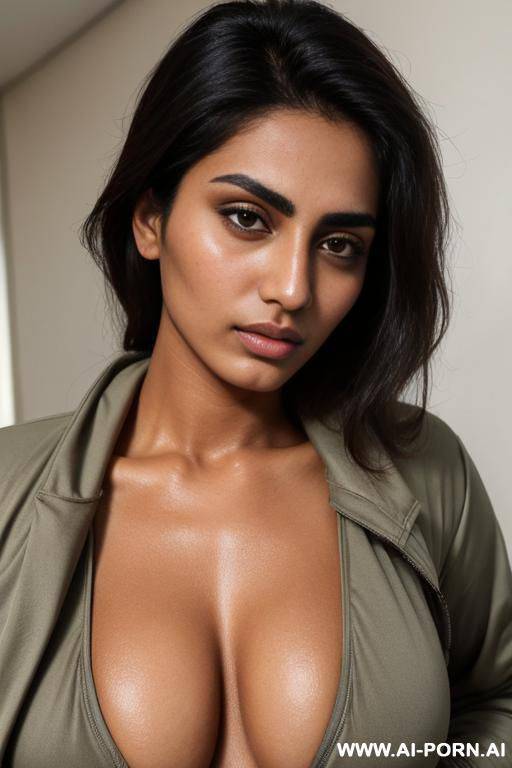 beautiful natural heavy oversized oval titties, pakistani, tanned, dri fit jacket, drowsy facial expression, topless - #main