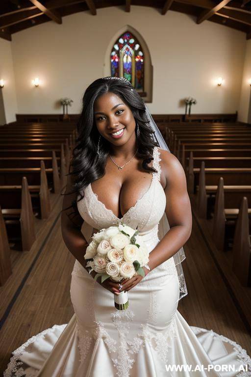 photo taken from above, softball athlete, ((((massive breasts)))), dark skinned, 20 year old, wearing a bridal gown, smiling, hourglass body, ((very long wavy hair)), standing in a wedding chapel - #main
