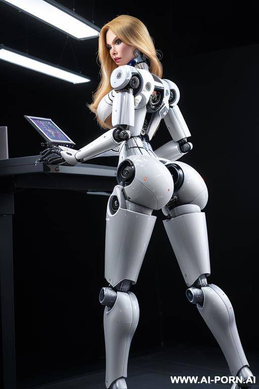 sexbot, back view, full body view, standing upright, sticking out the ass, hands on spaceship control desk, looking at viewer, beautiful seductive human face with tanned silicone skin, long - #main