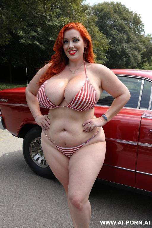 sexy redhead sister, massive teardrop breasts, ((keep face)), ((keep body)), teapered waist, hour glass body shape, realistic body, sunny summer day, heavy makeup, tons of make up, red lips, eye - #main