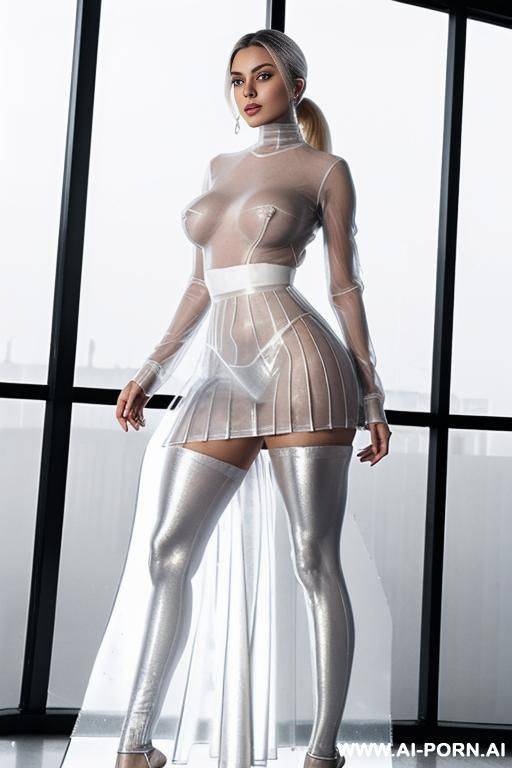 super-huge heavy hanging boobs, very saggy breasts, very oversized long xxl hanging boobs, shiny tight pussy low angle view, pure nudity transparent see-through simple clothes, very transparent basic plastic see-through gown - #main