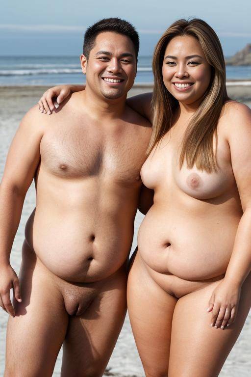 ((full body)), ((looking at viewer)), (((fat chubby shorty))) filipina woman is ((hugging and kissing)) with a tall handsome fit american man. she has blonde highlights in her hair. the woman is - #main
