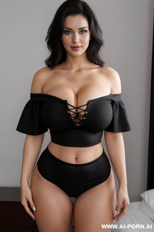 pretty lady, big natural breasts, sexy body, tight black off-shoulder shirt, cropped shirt, (black underwear), cleavage, standing in bedroom, looking at viewer - #main