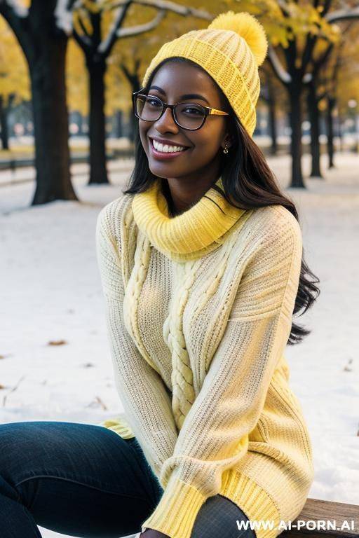 dark skinned, nerdy, 20 years old, smiling, sitting in the park in winter wearing a yellow sweater - #main