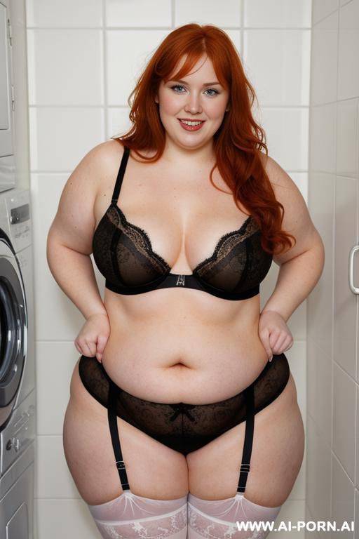 half-length photo, as a stage in the laundry area, a fat obese chubby fat thick and bbw redhead british, she is washing clothes and is soaked in foamy water. she has lovehandless and a - #main