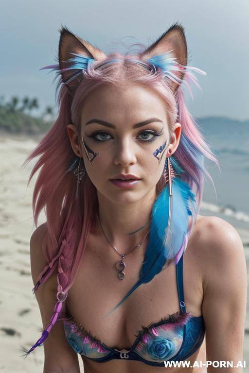 face, sexy, beautiful, ((face painting)), ((bikini as seashell)), ((tattoo roses)), ((eyes shw)), ((angel wings)), ((rainbow hair)), ((one rose in hair) ((long bu hair)), ((wind)), (( cat face)), (( - #main