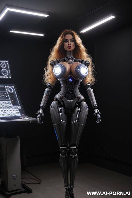 sexbot, front view, full body view, standing upright, hands on spaceship control desk, looking at viewer, beautiful seductive human face with tanned silicone skin, long straight blonde hair, big - #main