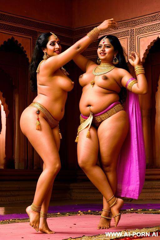 two ancient indian chubby full naked female servants with shaved vaginas are dancing in a colourful indian palace - #main