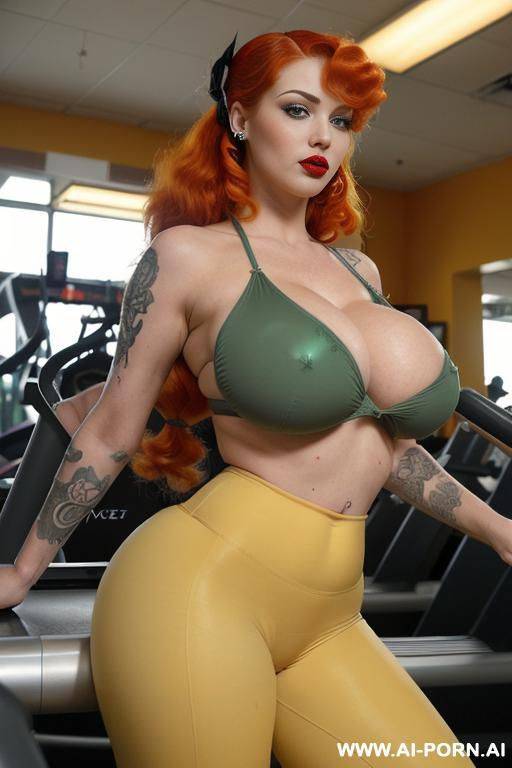 (tattooed pierced, twin tails long fluffy curly vivid ginger red hair, (late twenties american pinup goth generationally genetically blessed with extra huge extra massive extra gigantic extra giant - #main