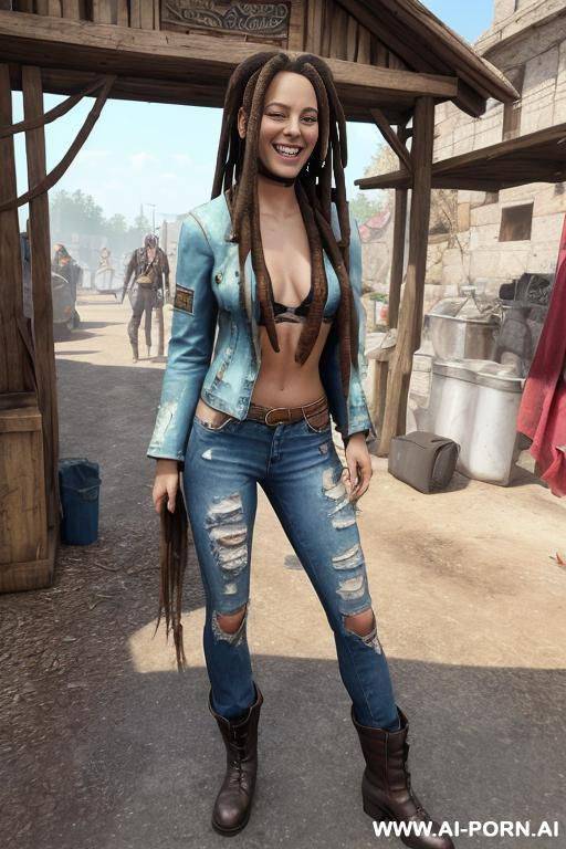 a woman with dreadlocks is wearing worn and bleached out, ripped and light blue pants and an old jeans jacket. she has long, messy brown hair. there ist lot of trash around. - #main