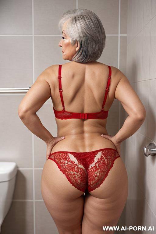 back view, 0 year old grandmother, full body, standing, age marks clearly visible, gray hair, triangular hips, thick thighs, wearing red lace panties, bathroom - #main