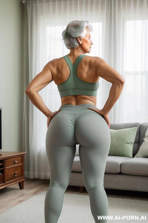 back view, 0 year old grandmother, full body, standing, age marks clearly visible, gray hair, triangular hips, thick thighs, wearing light green yoga pants, living room - #main