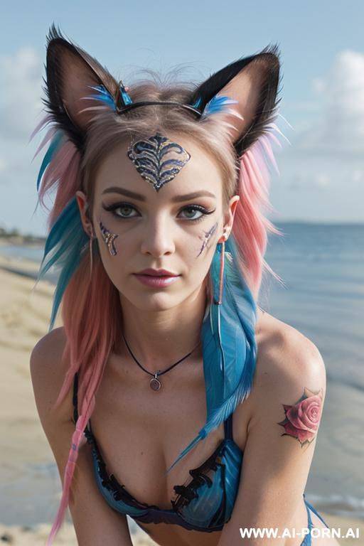 face, sexy, beautiful, ((face painting)), ((bikini as seashell)), ((tattoo roses)), ((eyes shw)), ((angel wings)), ((rainbow hair)), ((one rose in hair) ((long bu hair)), ((wind)), (( cat face)), (( - #main