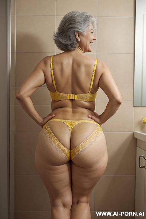 back view, 0 year old grandmother, full body, standing, age marks clearly visible, gray hair, smiling, triangular hips, thick thighs, wearing yellow lace panties, bathroom - #main