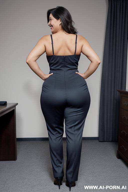 back view, 0 year old grandmother, full body, standing, age marks clearly visible, gray hair, smiling, triangular hips, thick thighs, wearing dark blue formal wear, office - #main