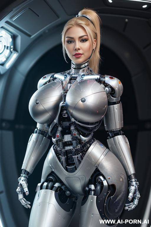 (((realistic look, super realistic))) ((spaceship)) ((front view)) (((beautiful cyborg woman))) (((sexy cyborg woman))) ((blonde)) ((long ponytail hairstyle)) (((perfectly beautiful face, sexy plump lips))) - #main