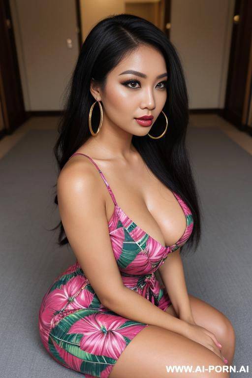 sitting, tight tropical dress, casual clothes, extremely pretty, makeup, full lips, button nose, ahegao, flowing hair, hoop earrings, big round boobs, tight waist, eye contact, looking at viewer - #main