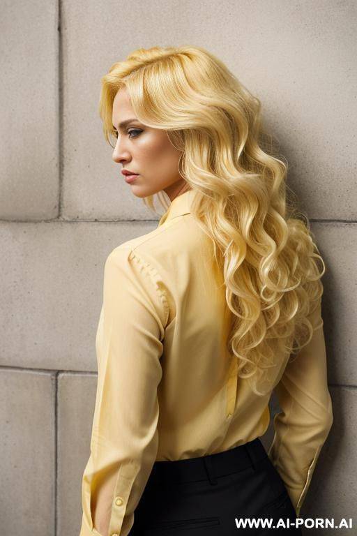 face pressed against the wall, from behind, angry face, blonde, curly hair, formal yellow shirt, black formal pants - #main