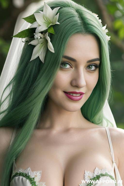 busty perky deep v, green lip seductive smile - #main