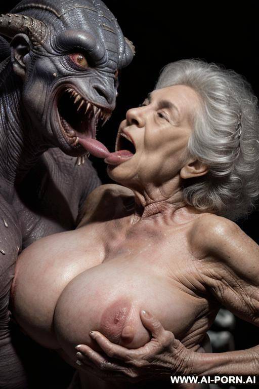 ((((two characters on the image: space-monster and human elderly woman!)))). nightfall. lush tropical rainforest. heavy rain. monster is big non-humanoid al_ien from deep space, monster is terrifying - #main