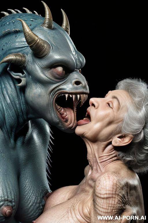((((two characters on the image: space-monster and human elderly woman!)))). nightfall. lush tropical rainforest. downpour. monster is big non-humanoid al_ien from deep space, monster is terrifying and - #main