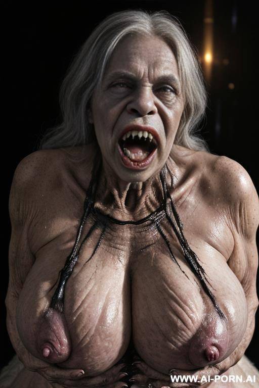 ((((two characters on the image: space-monster and human elderly woman!)))). nightfall. downpour. monster is huge non humanoid al_ien from deep space, monster is terrifying and devil like creature in - #main