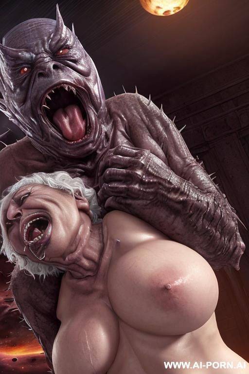 ((((two characters on the image: space-monster and human elderly woman!)))). nightfall. lush tropical rainforest. downpour. monster is huge non humanoid al_ien from deep space, monster is terrifying - #main