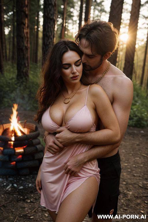 a man is hugging her . campfire. tight hot pink nightie. hairy pussy. large teardrop saggy breasts. make up. a man is hugging her - #main