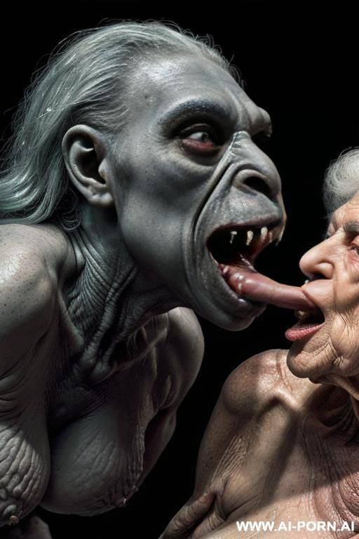 ((((two characters on the image: space-monster and human elderly woman!)))). nightfall. lush tropical rainforest. heavy rain. monster is big non-humanoid al_ien from deep space, monster is terrifying - #main