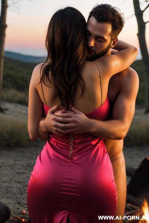 another man uncomfortably hugging and kissing her. campfire. tight hot pink dress. hairy pussy. large teardrop saggy breasts. make up. getting into sleeping bag. another man giving an uncomfortable hug and kissing her - #main