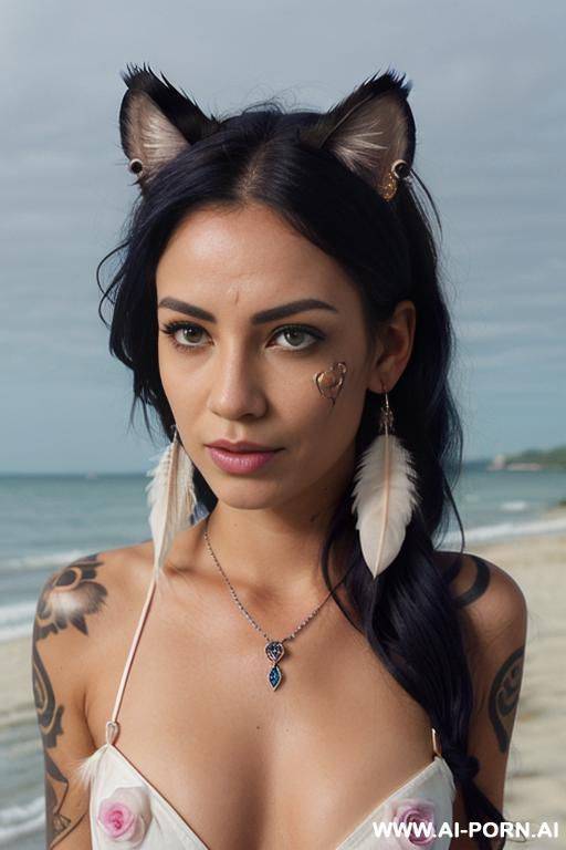 face, ((sexy)), beautiful, ((percing nose)), ((face painting)), ((bikini as seashell)), ((tattoo roses)), ((eyes shw)), ((angel wings)), ((rainbow hair)), ((one rose in hair) ((long bu hair)), ((wind)), - #main