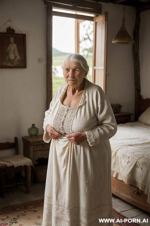 first half of the 20th century. nightfall. almost completely naked elderly ukrainian peasunt-woman from a remote village in the ukraine is in a simple poor rural home. dimly lit interior of the - #main