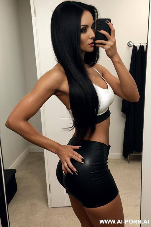 mirror shot, side view, bent down, ass, crop top, long hair, skin, distinct cheekbones, dense black eye makeup - #main